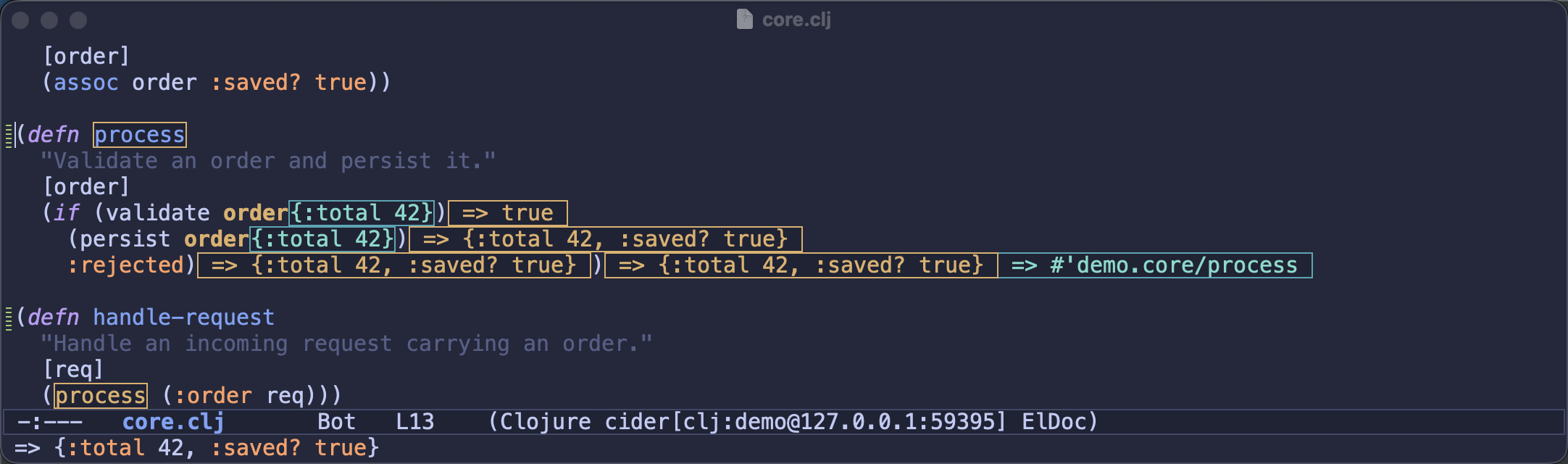 Enlighten showing argument and return values inline in the source