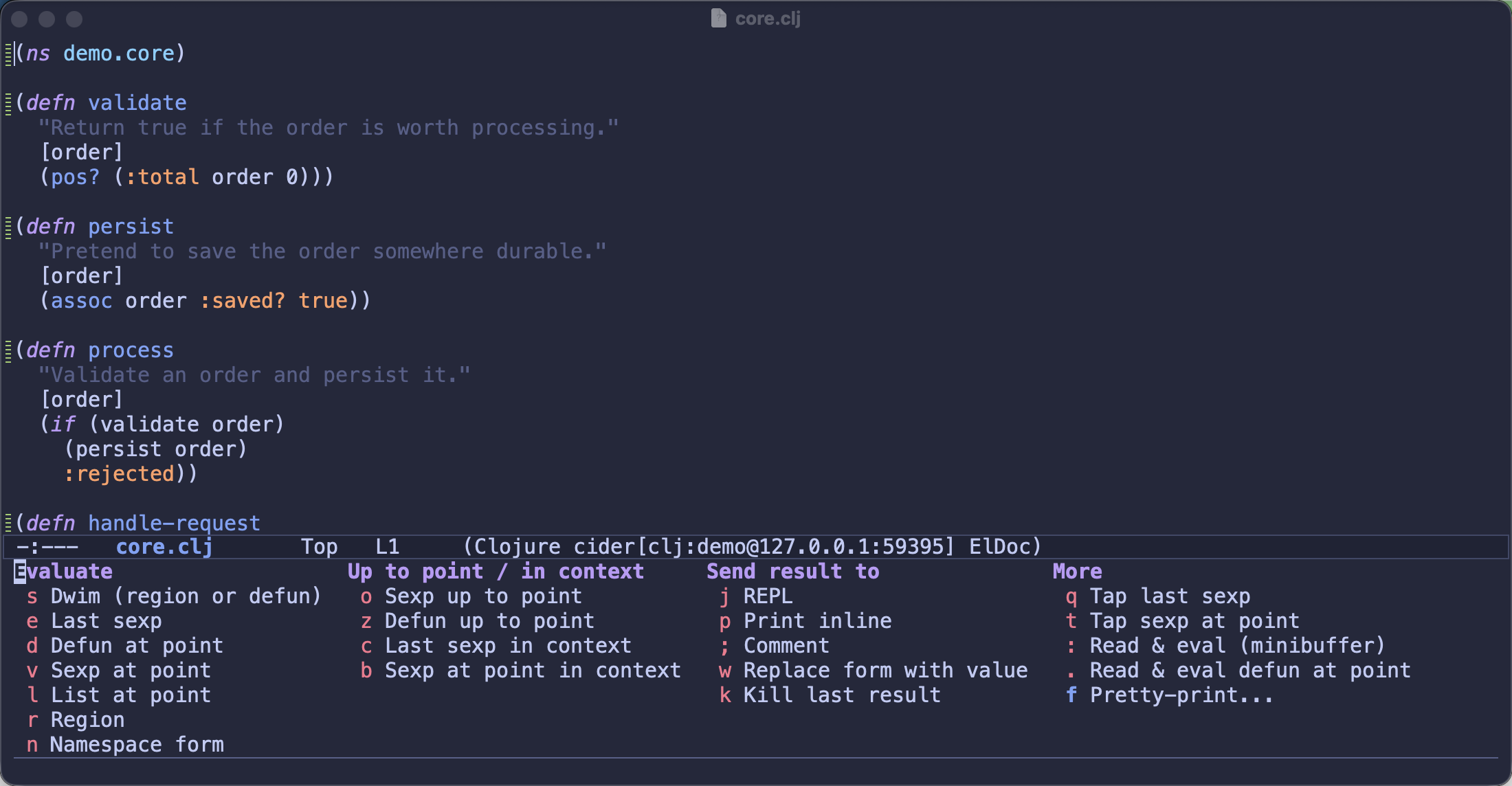 The CIDER evaluation transient menu, listing every evaluation command