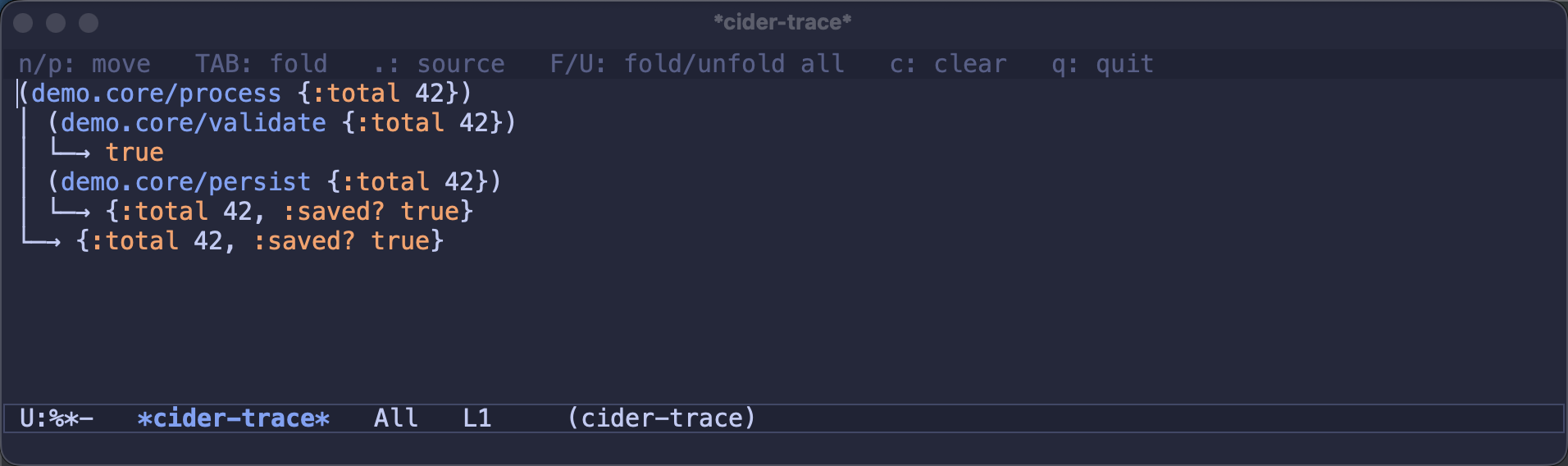 The *cider-trace* buffer showing a nested call tree with return values