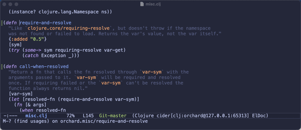 Find-usages of orchard.misc/require-and-resolve: the runtime search returns only the loaded callers, one per calling function, while the source search finds every occurrence across the project - including the alias-qualified uses in other namespaces and a cljc file the REPL never loaded
