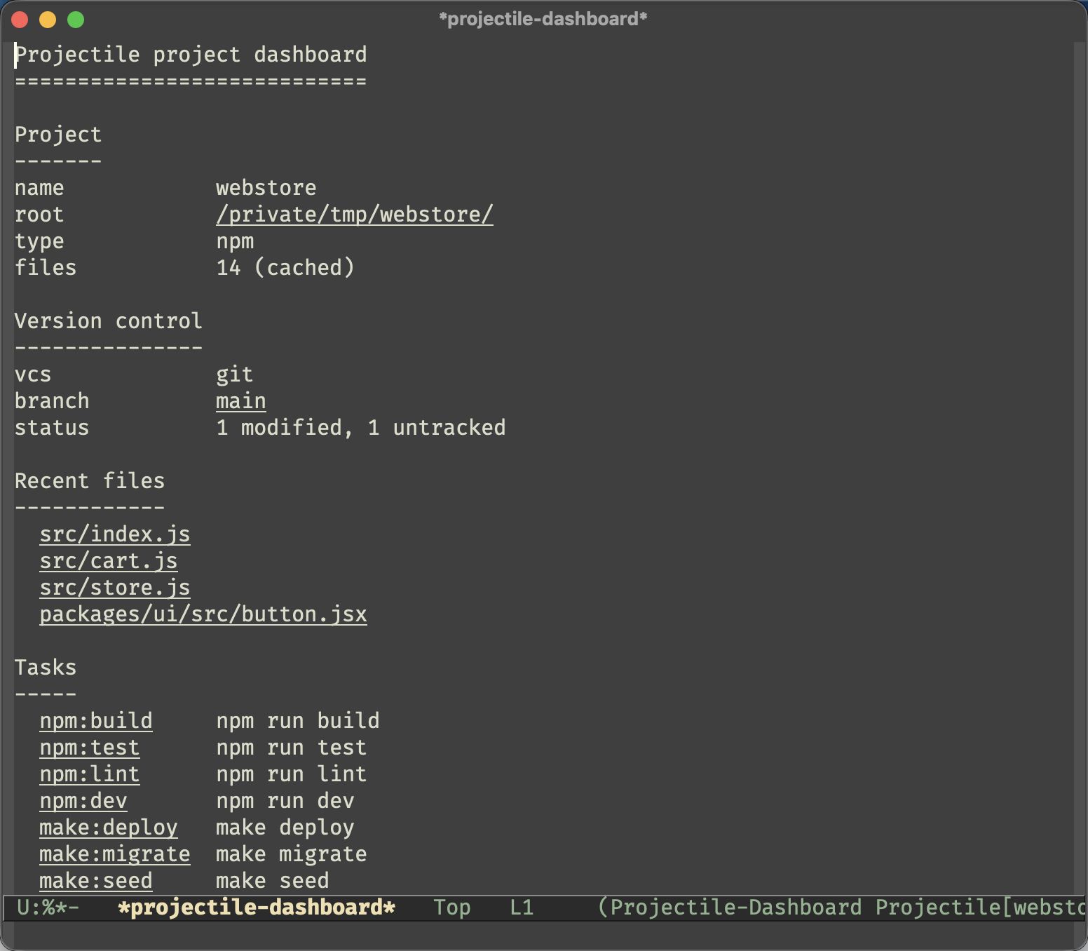 The Projectile dashboard showing project info, version control status, recent files and tasks