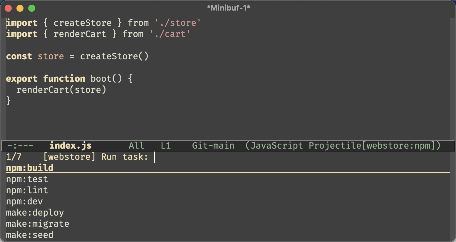 The projectile-run-task prompt listing npm scripts and Makefile targets discovered in the project