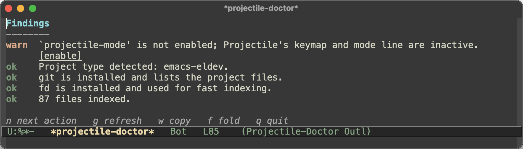 The doctor's findings section, with a warning about projectile-mode carrying an enable button, above four ok findings