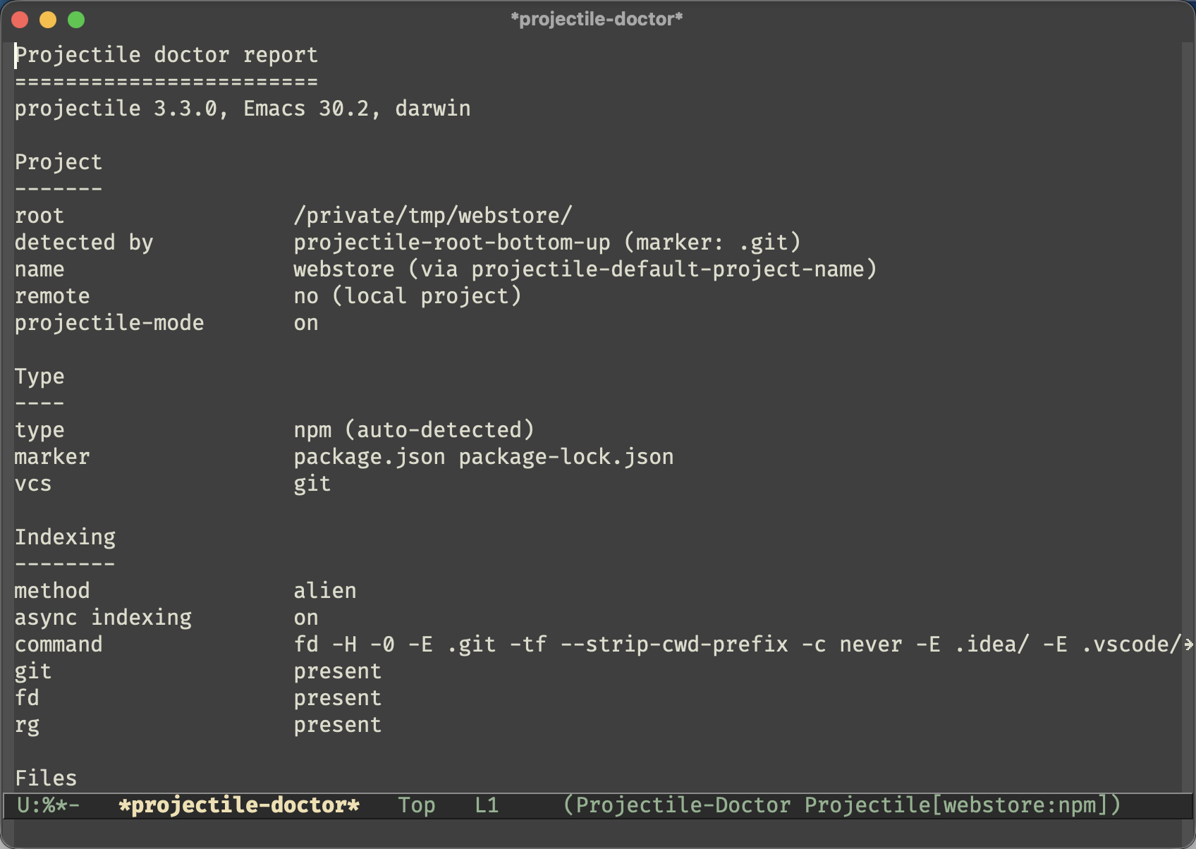 The Projectile doctor report showing project root, type, indexing method and available tools
