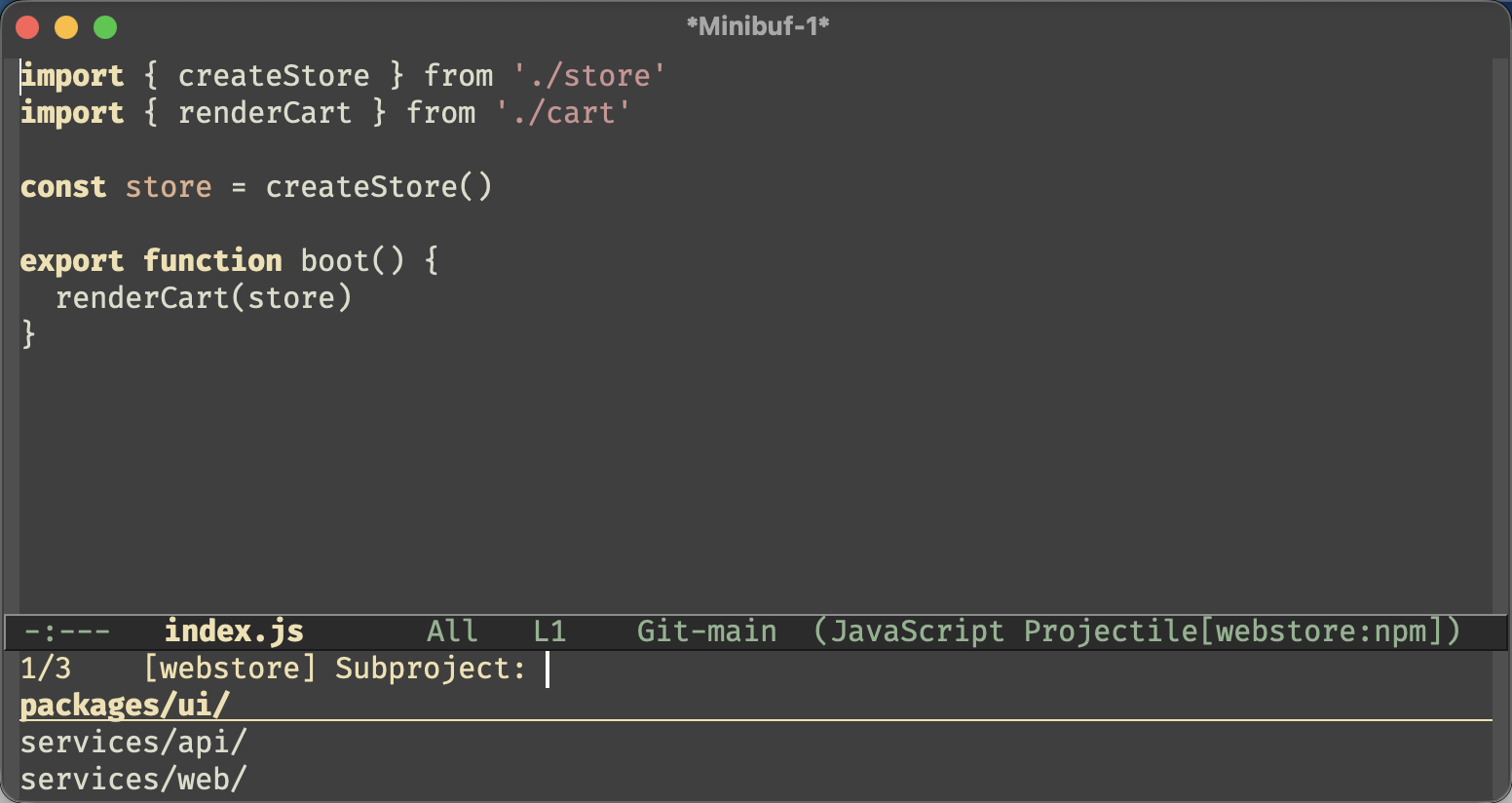 The Subproject prompt listing packages/ui, services/api and services/web